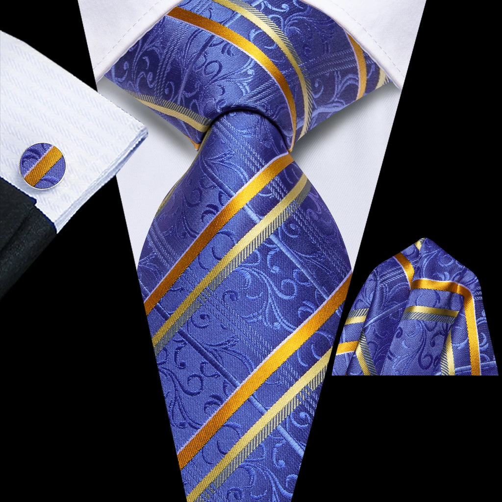 Men's blue silk tie with gold stripes, perfect for formal occasions
