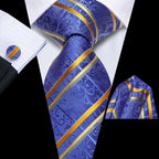 Men's blue silk tie with gold stripes, perfect for formal occasions