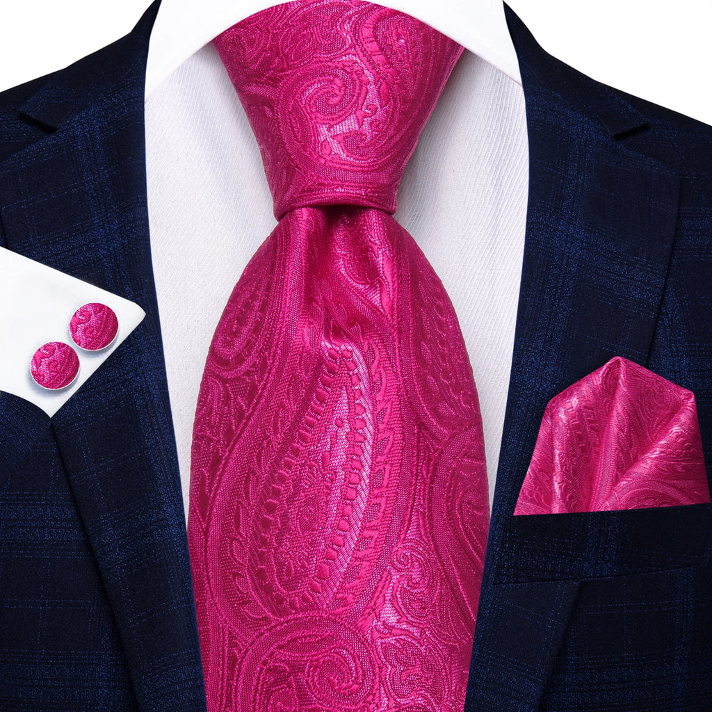 Men's pink paisley tie silk with matching pocket square for formal occasions