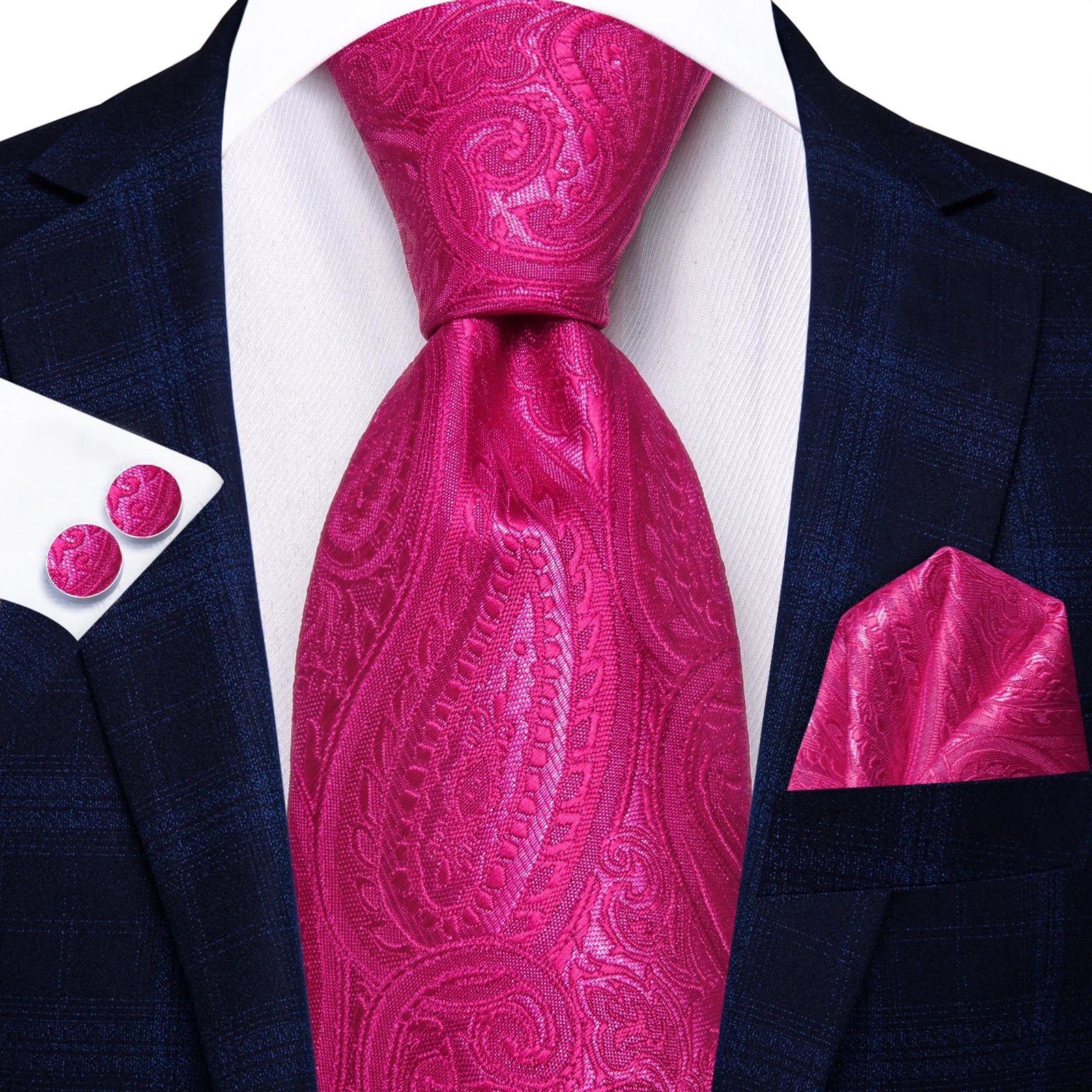 Men's pink paisley tie silk with matching pocket square for formal occasions