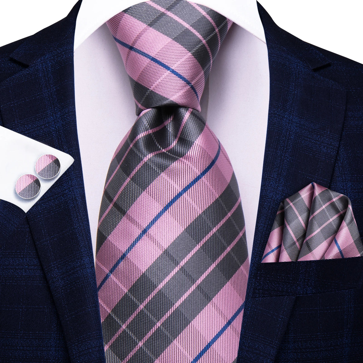 Men's pink and gray plaid tie silk for formal occasions