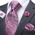 Men's paisley tie silk, vibrant pink, formal wear accessory