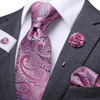 Men's paisley tie silk, vibrant pink, formal wear accessory