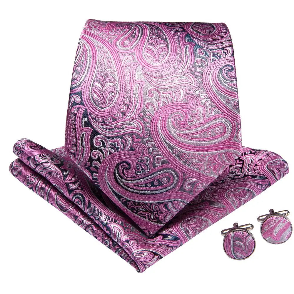 Men's pink paisley tie silk set with cufflinks for formal occasions