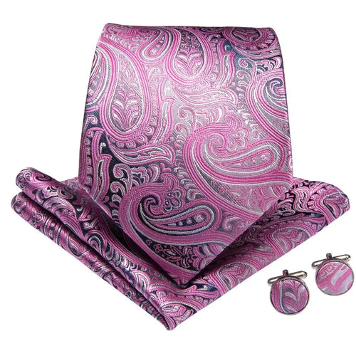 Men's pink paisley tie silk set with cufflinks for formal occasions