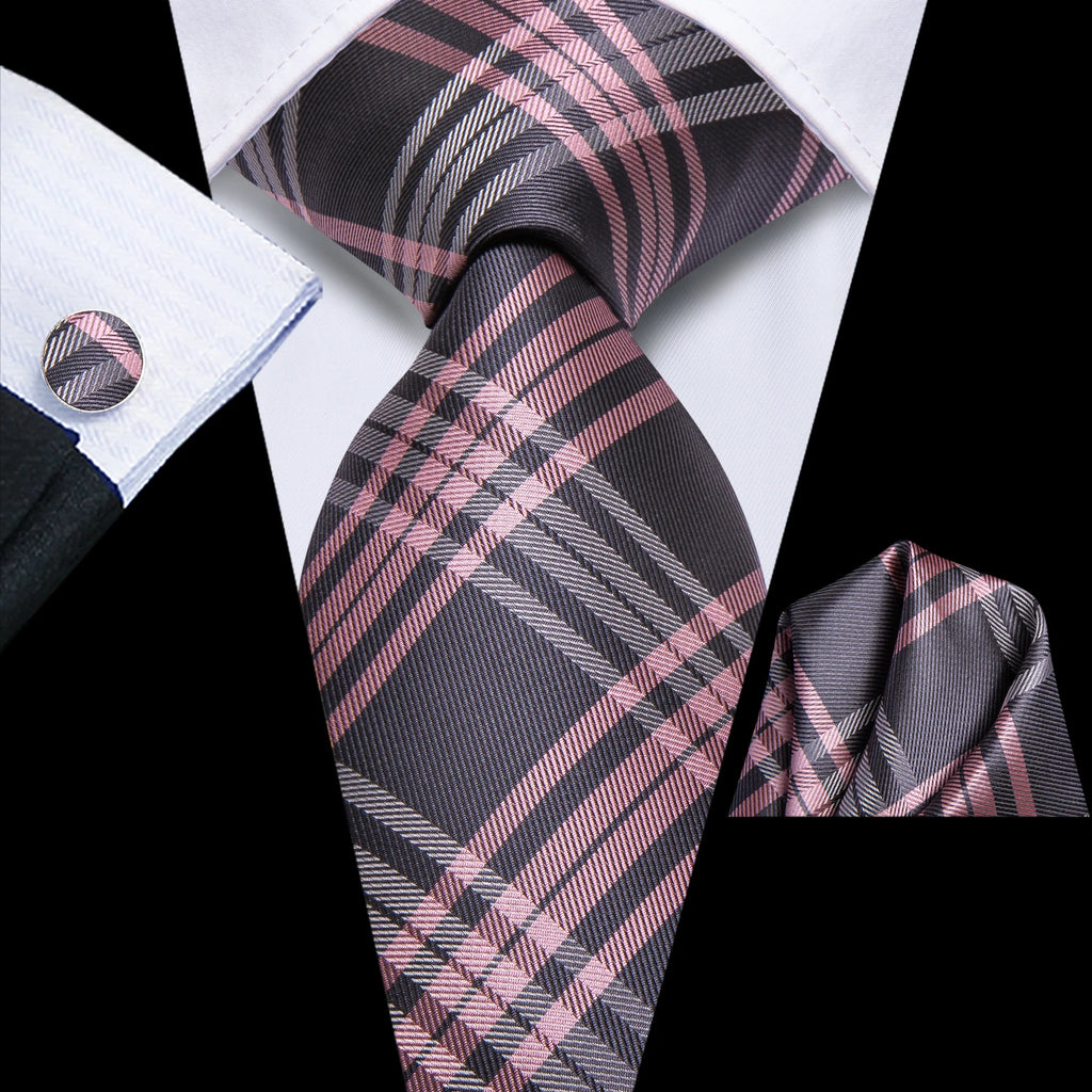 Men's plaid tie silk, black and pink, perfect for formal occasions