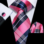 Men's pink plaid tie silk with matching pocket square for formal occasions