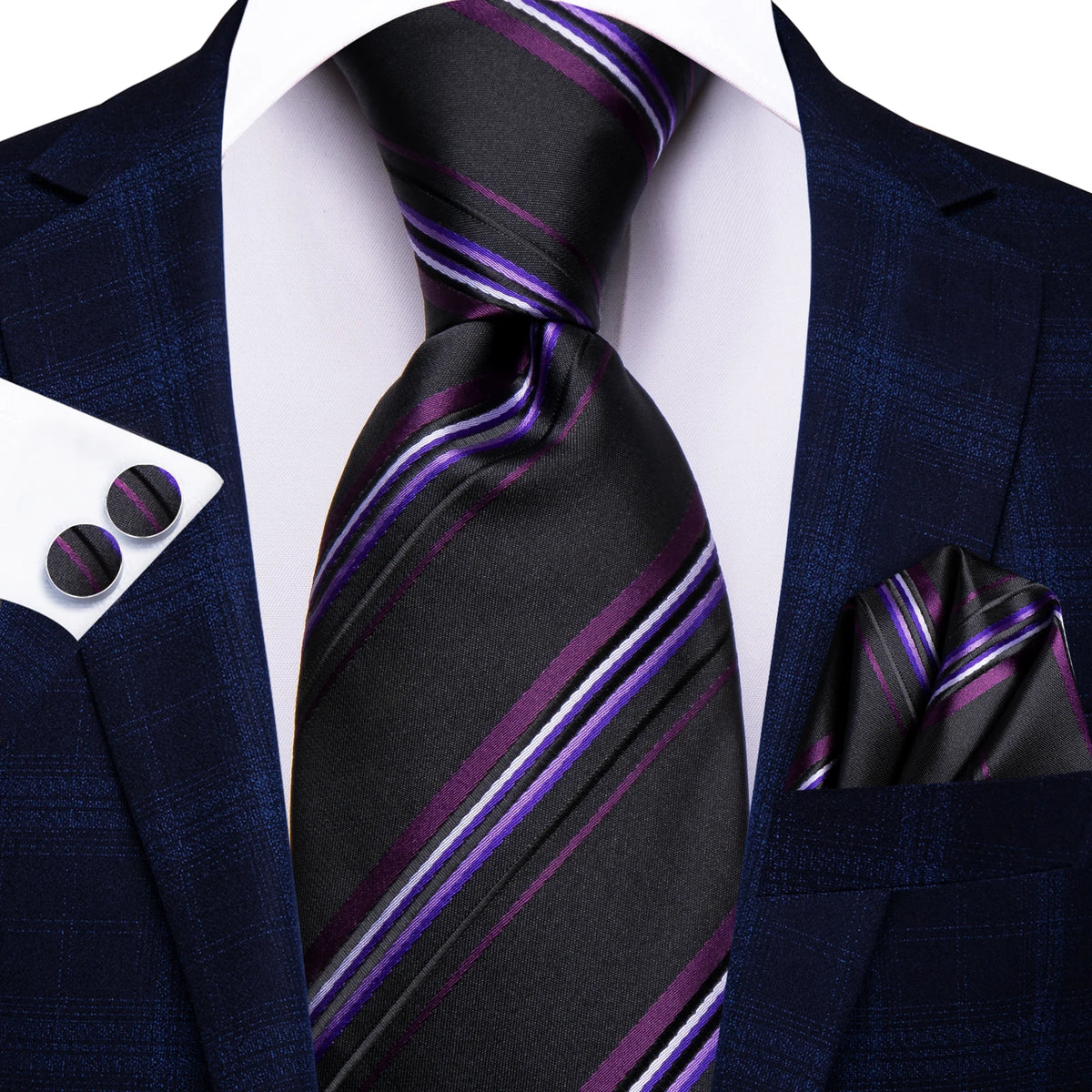 Men's black and purple striped tie silk, perfect for formal occasions