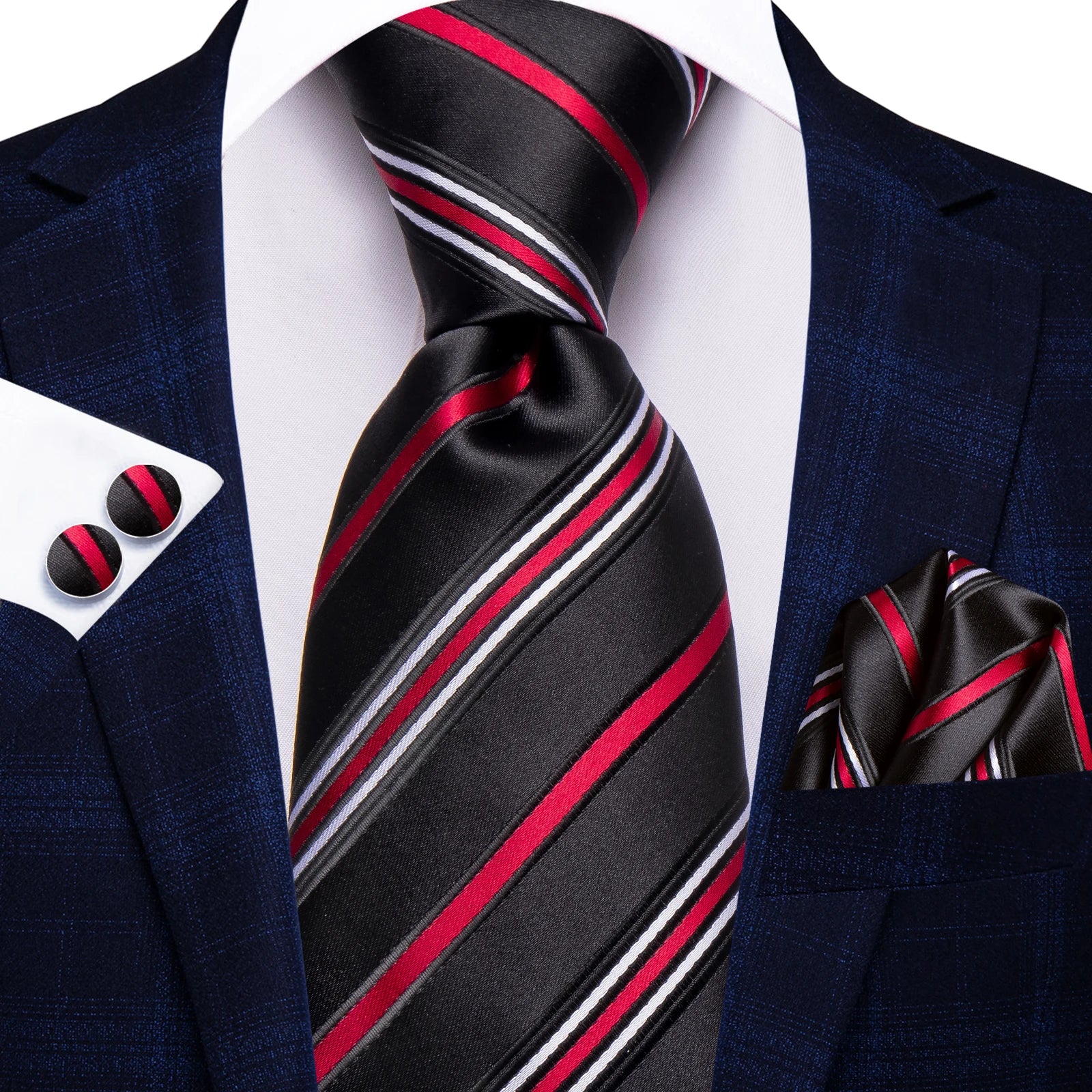 Men's black tie silk with red stripes, perfect for formal occasions