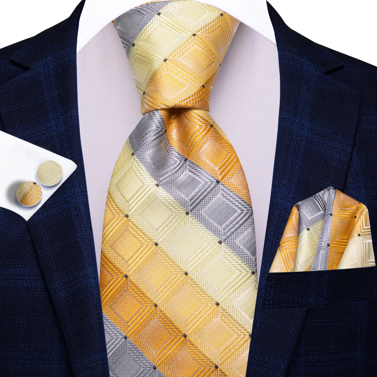 Men's yellow and gray plaid tie silk set for formal occasions