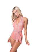 Beach Joy Bikini tie waist womens swimsuit in peach with halter neck and plunging neckline