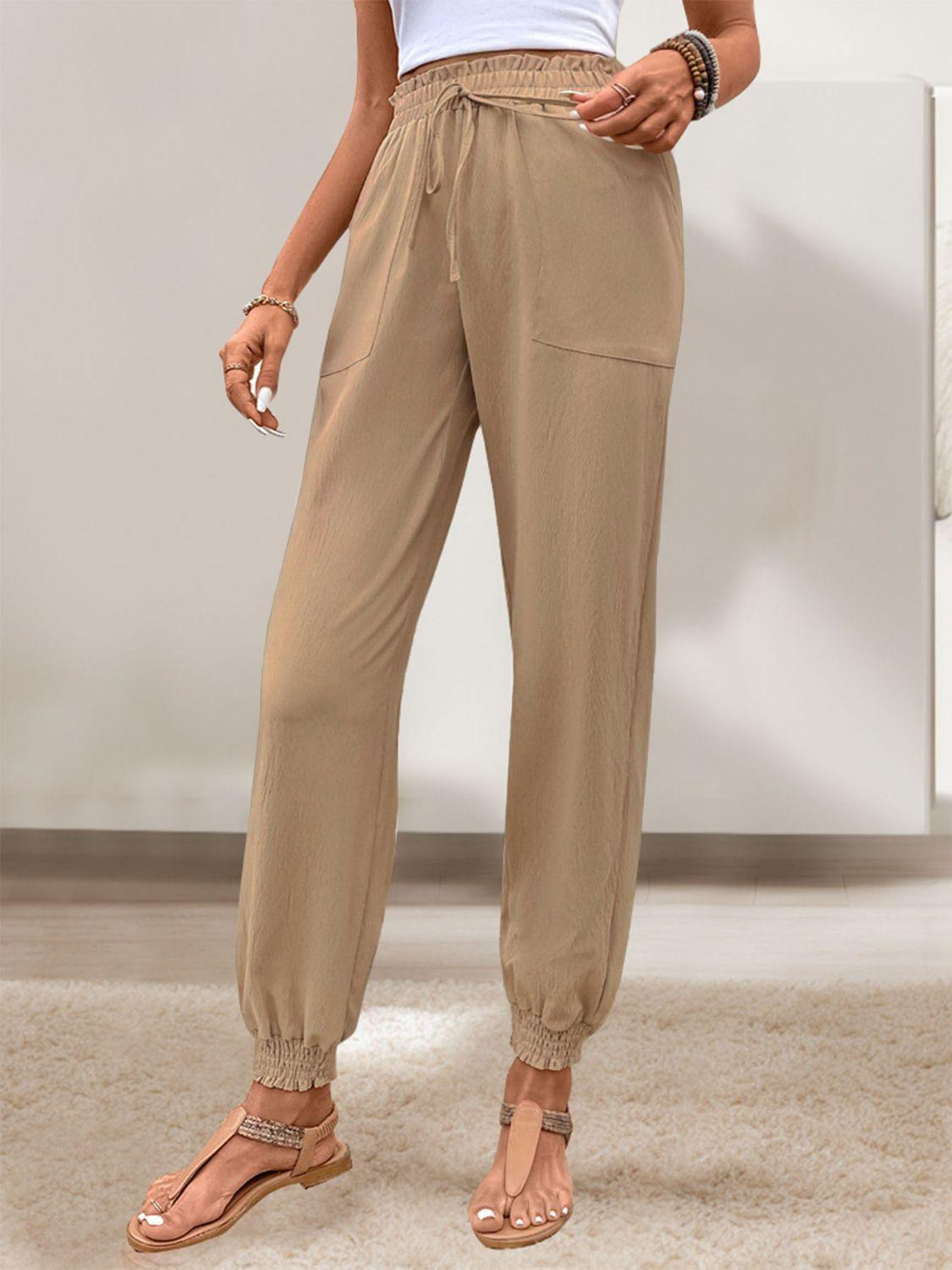 Women's Pants Tied Elastic Waist Pants with Pockets