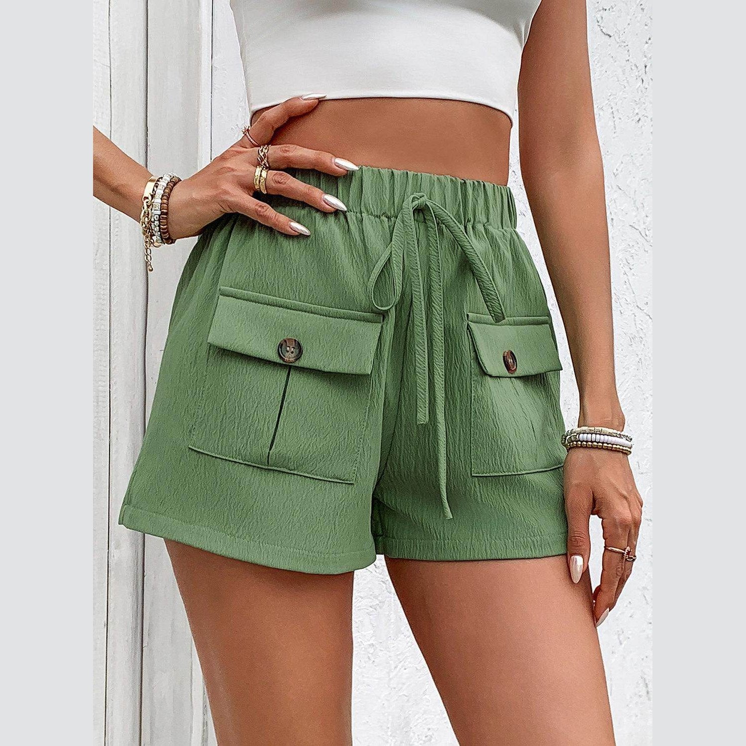 Tied Elastic Waist Shorts with Pockets - VacationGrabs