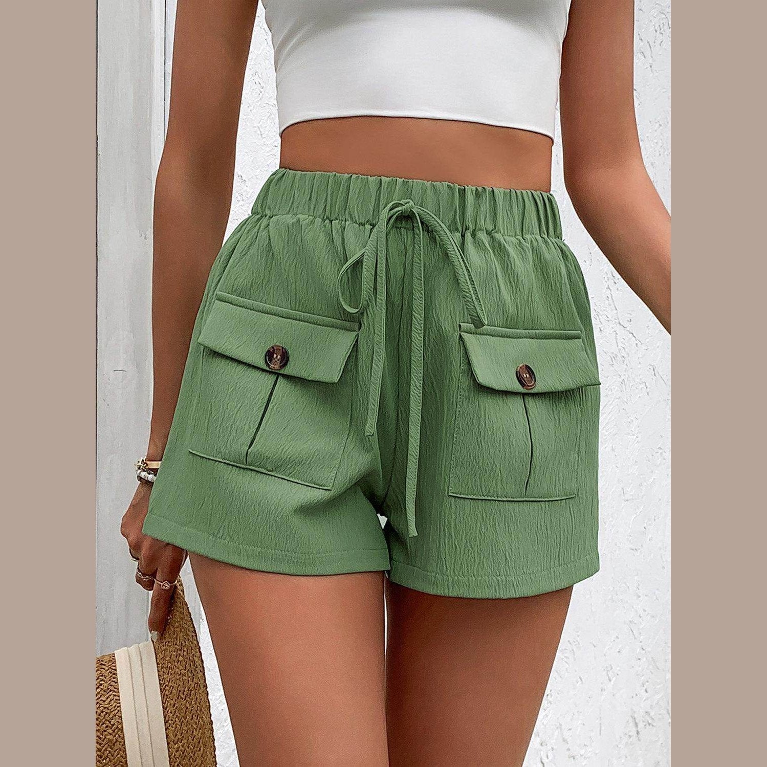 Tied Elastic Waist Shorts with Pockets - VacationGrabs