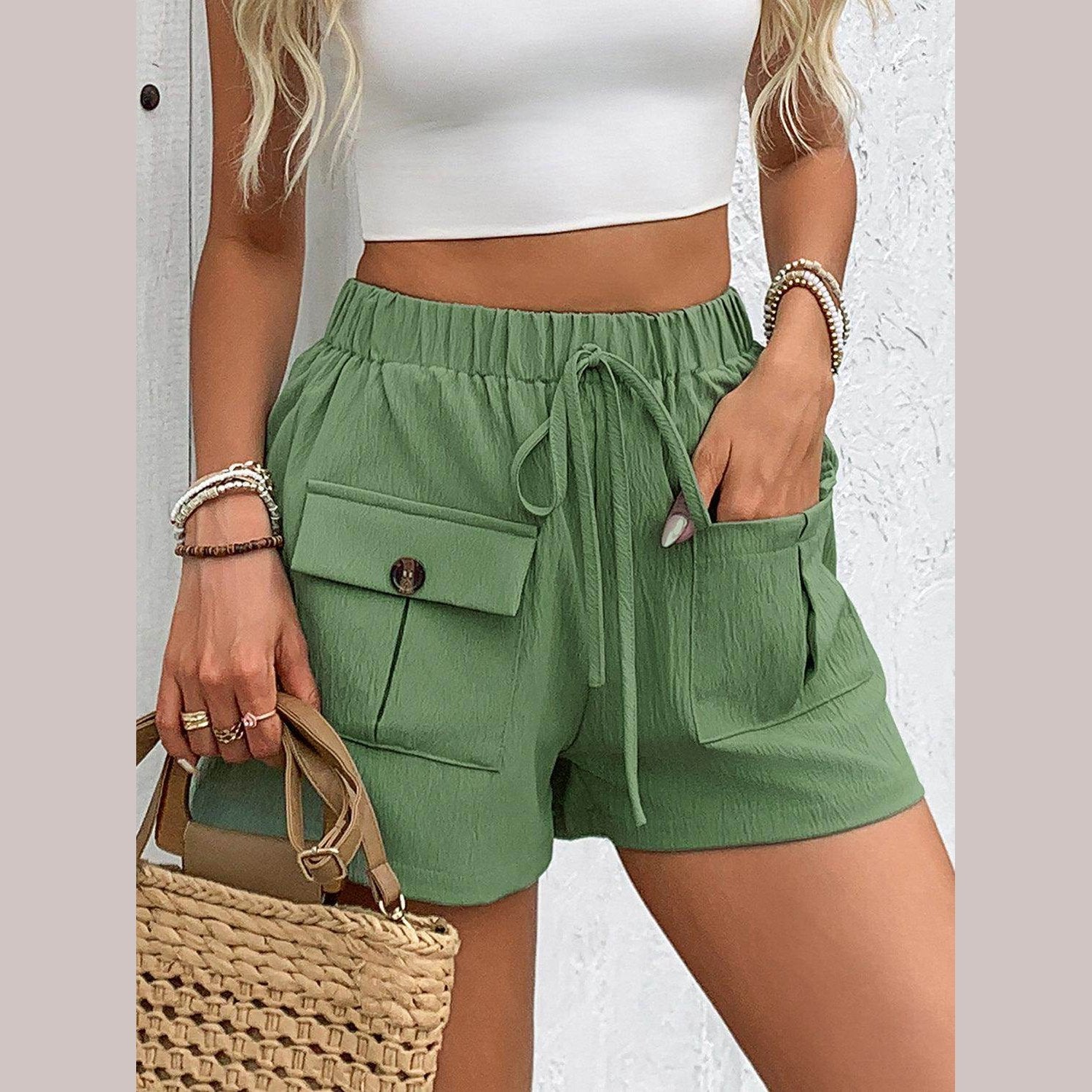 Tied Elastic Waist Shorts with Pockets - VacationGrabs