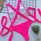 Trendsi tied one-piece swimwear in bright pink with stylish tie design and adjustable straps