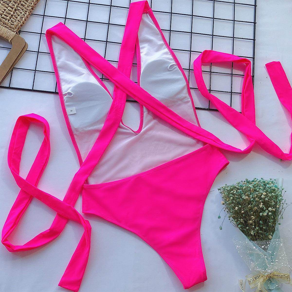 Trendsi tied one-piece swimwear in bright pink with stylish tie design and adjustable straps
