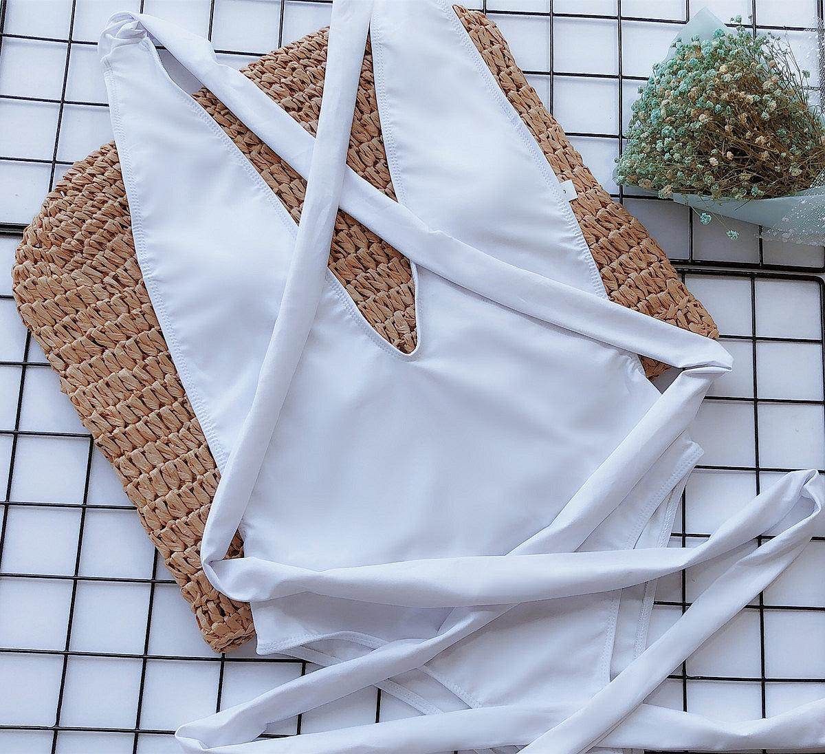 Trendsi tied one-piece swimwear in white with stylish strap design for a chic beach look