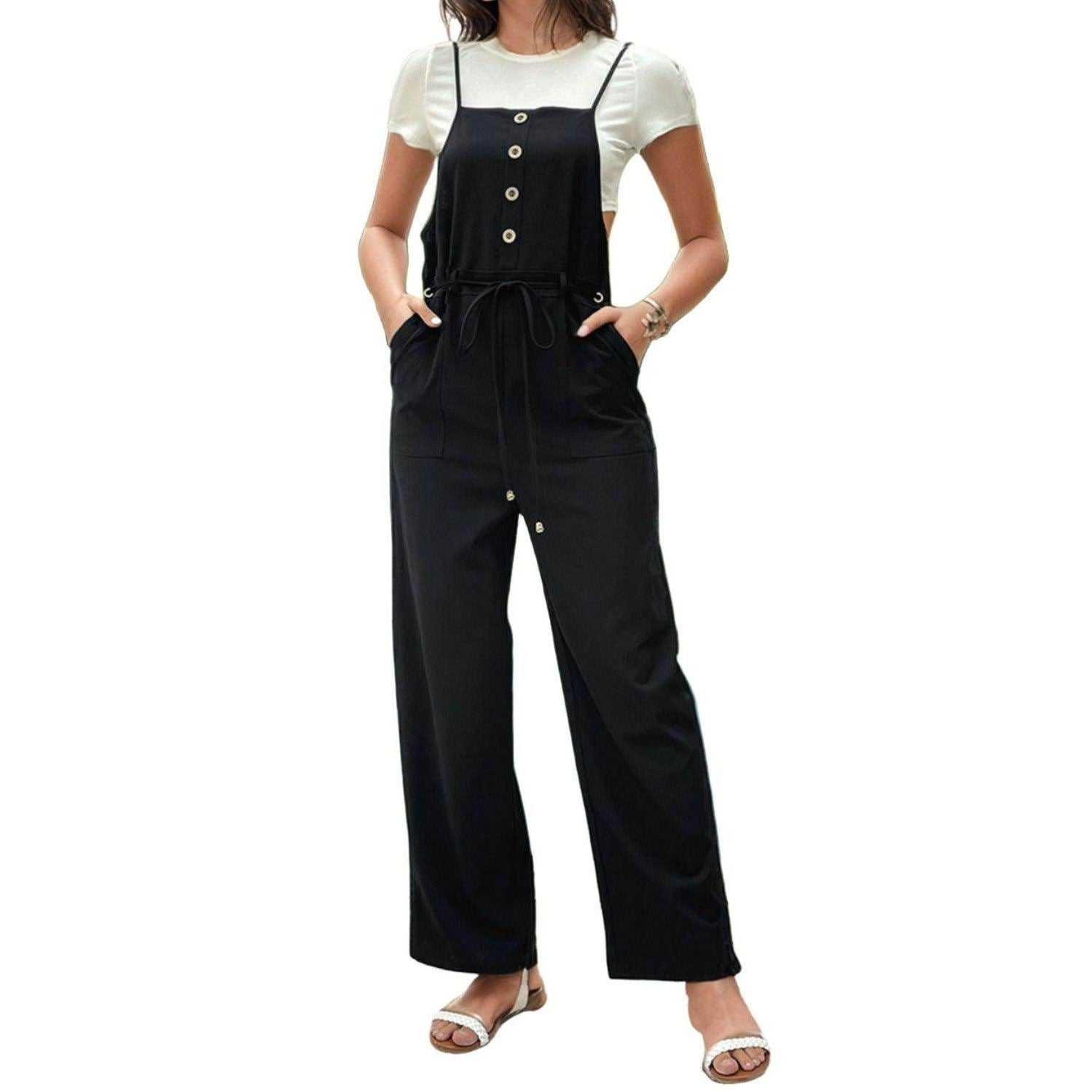 Tied Pocketed Spaghetti Strap Overalls - VacationGrabs