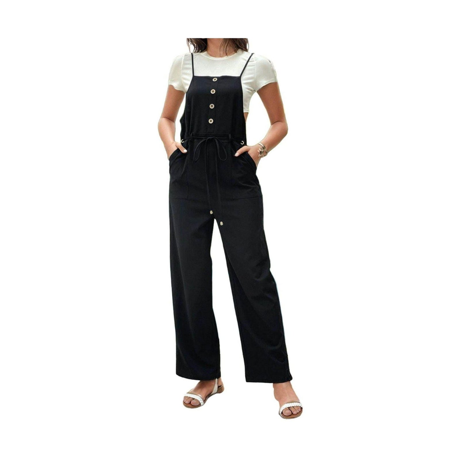 Tied Pocketed Spaghetti Strap Overalls - VacationGrabs