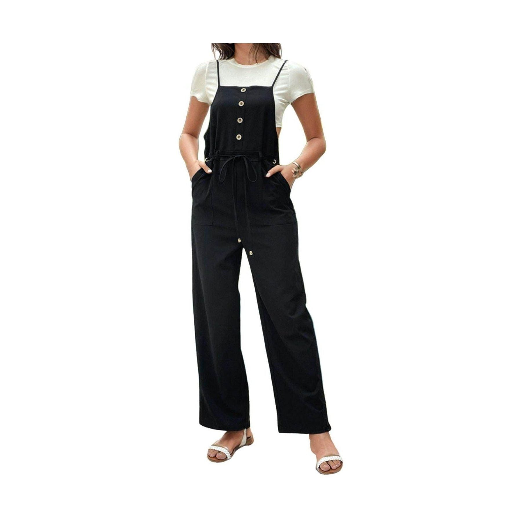 Tied Pocketed Spaghetti Strap Overalls - VacationGrabs