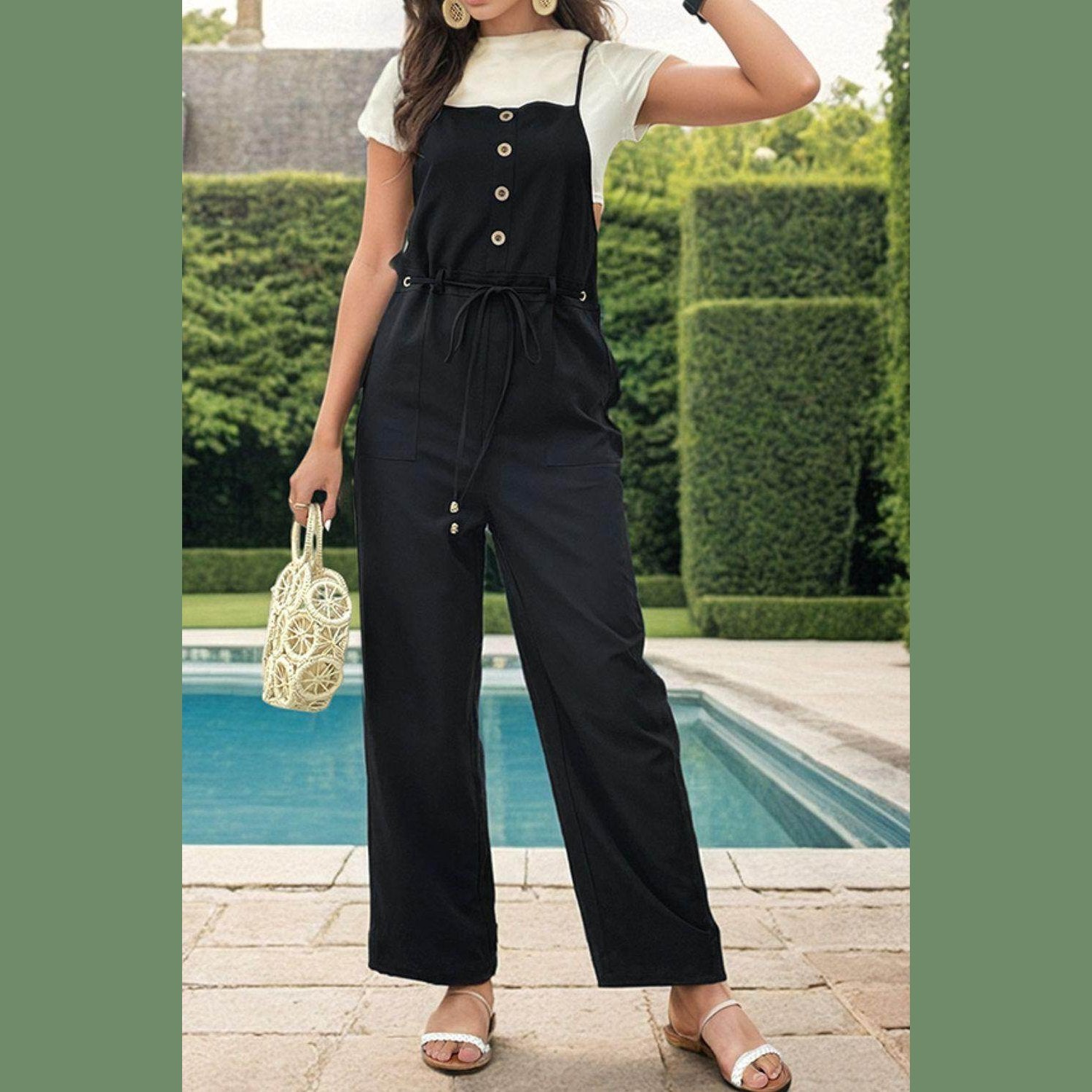 Tied Pocketed Spaghetti Strap Overalls - VacationGrabs