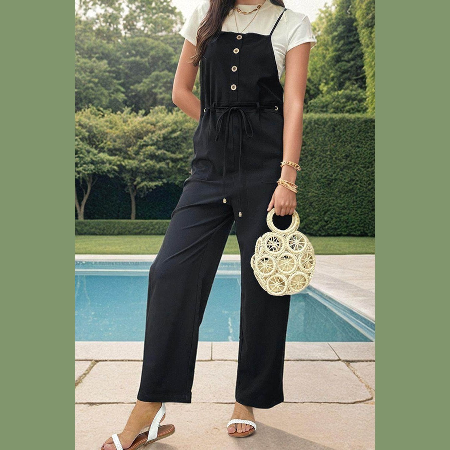 Tied Pocketed Spaghetti Strap Overalls - VacationGrabs