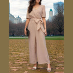 Tied Short Sleeve Wide Leg Jumpsuit - VacationGrabs