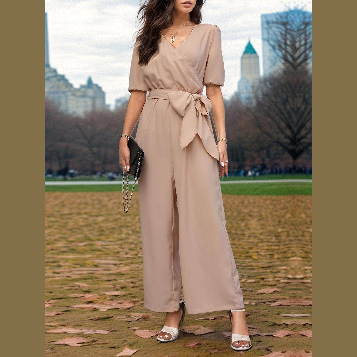 Tied Short Sleeve Wide Leg Jumpsuit - VacationGrabs