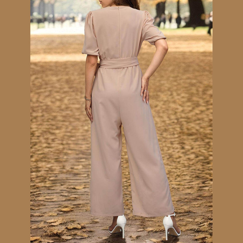 Tied Short Sleeve Wide Leg Jumpsuit - VacationGrabs