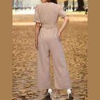 Tied Short Sleeve Wide Leg Jumpsuit - VacationGrabs