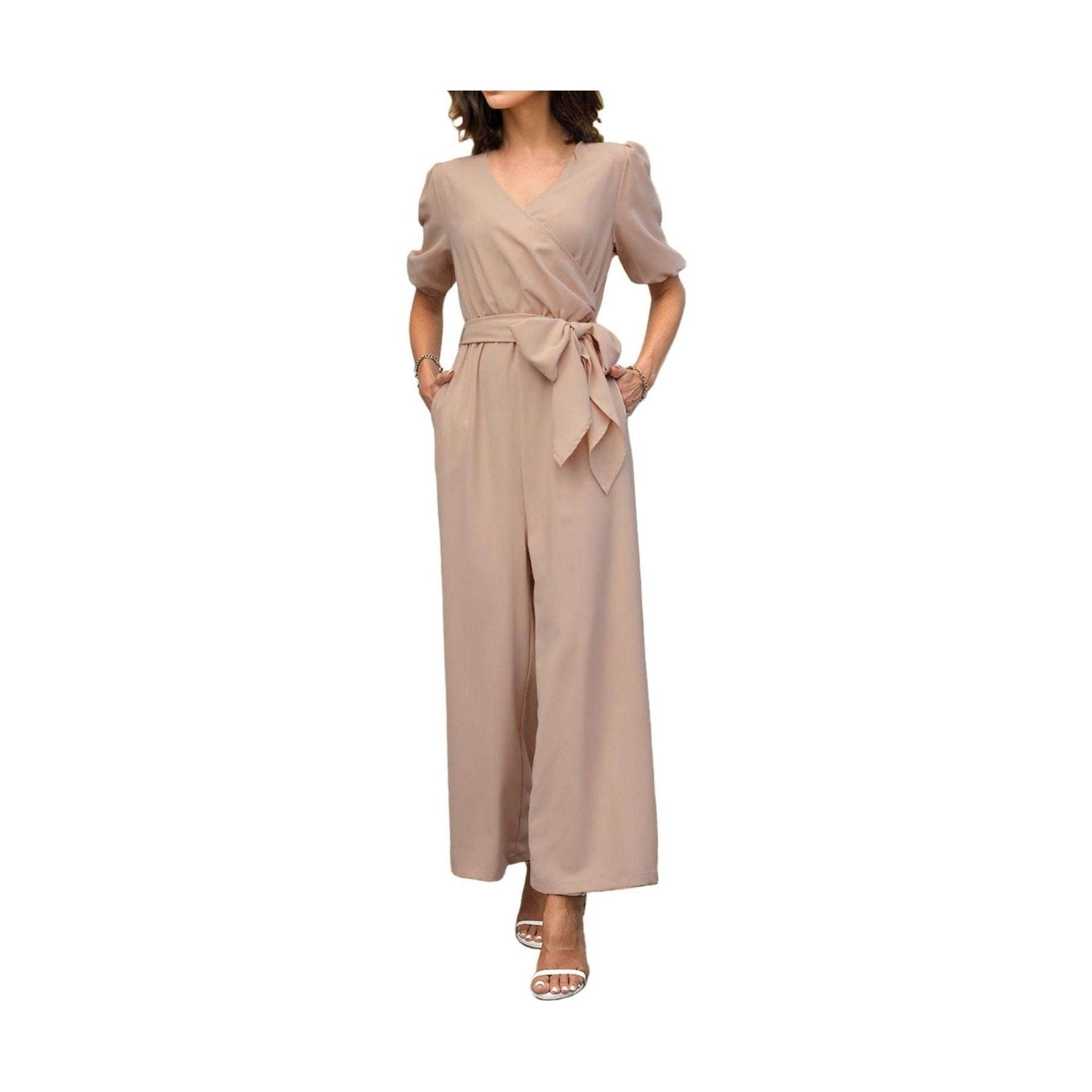 Tied Short Sleeve Wide Leg Jumpsuit - VacationGrabs
