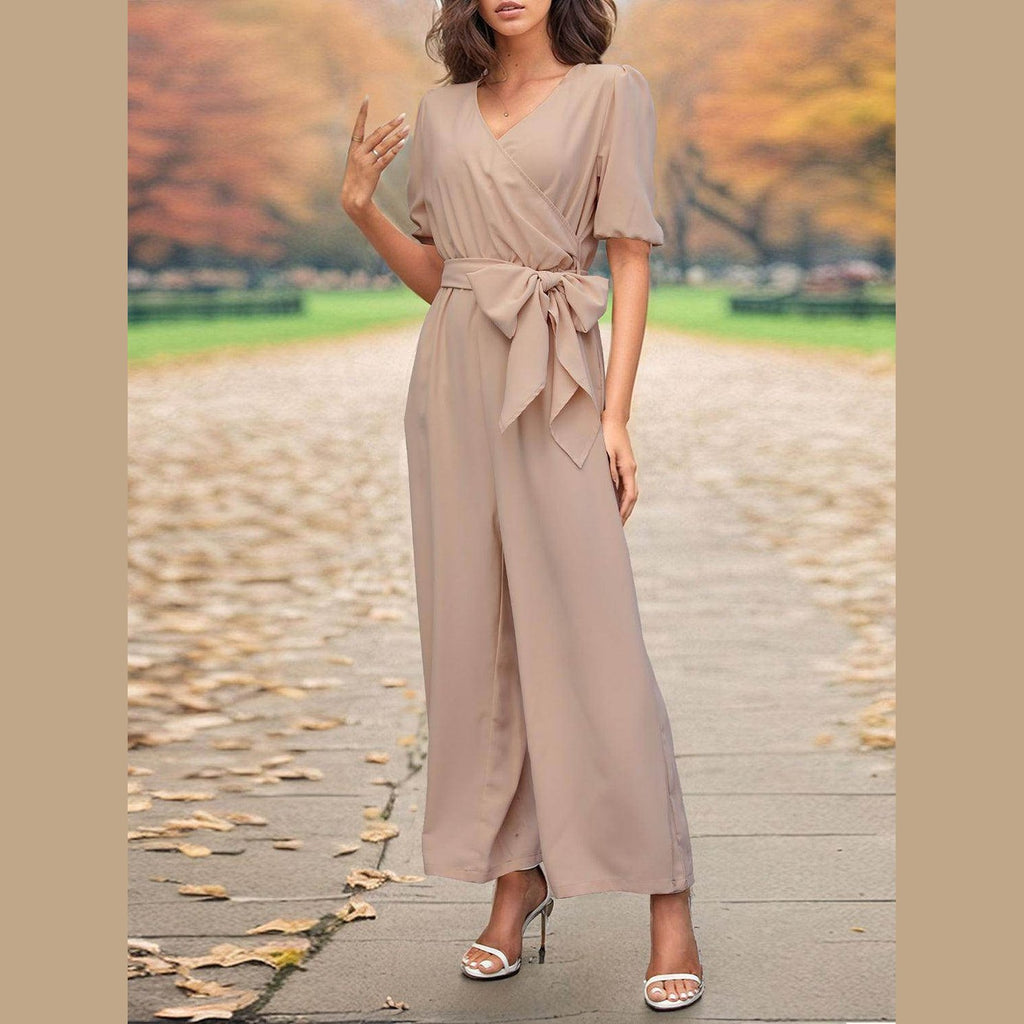 Tied Short Sleeve Wide Leg Jumpsuit - VacationGrabs