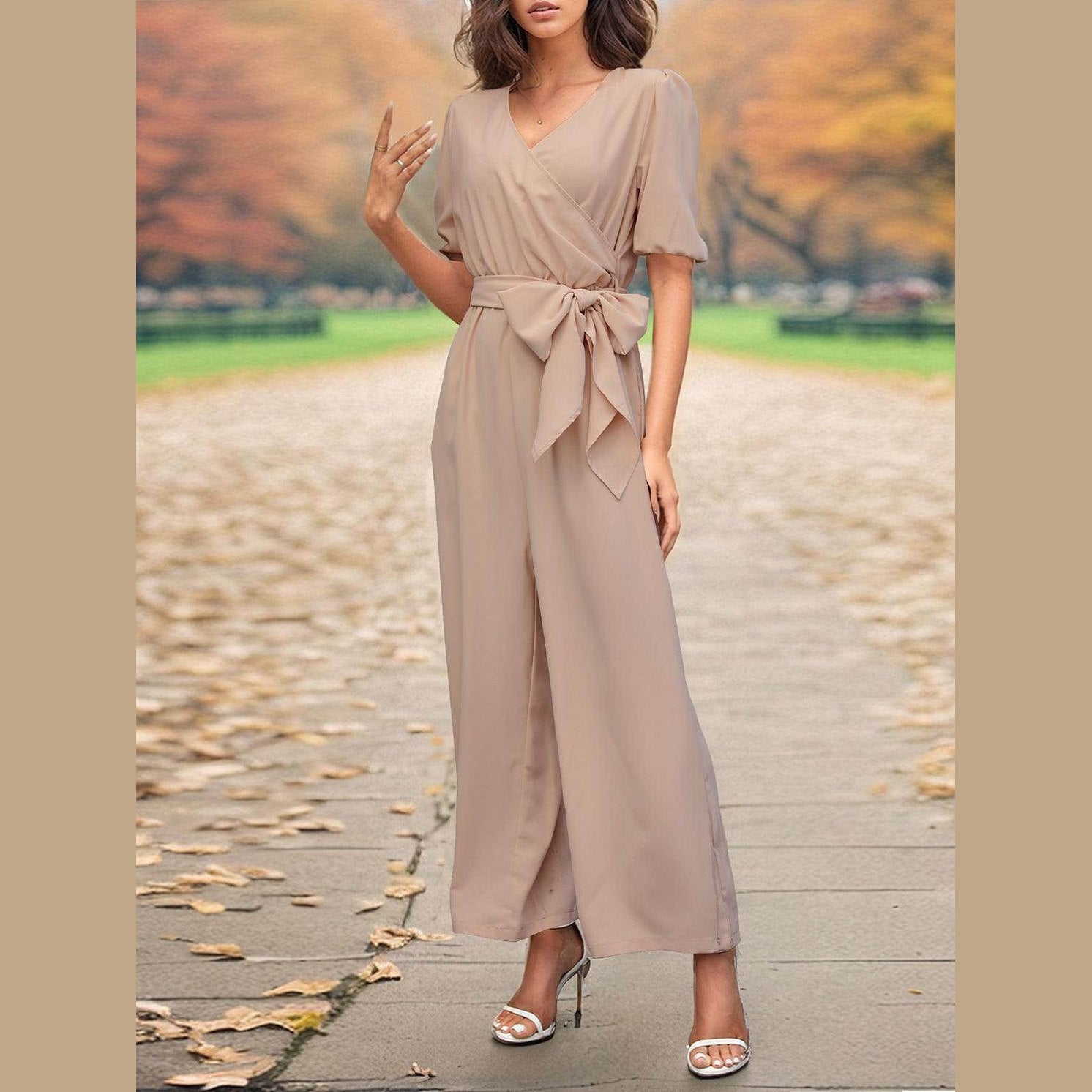 Tied Short Sleeve Wide Leg Jumpsuit - VacationGrabs