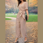 Tied Short Sleeve Wide Leg Jumpsuit - VacationGrabs