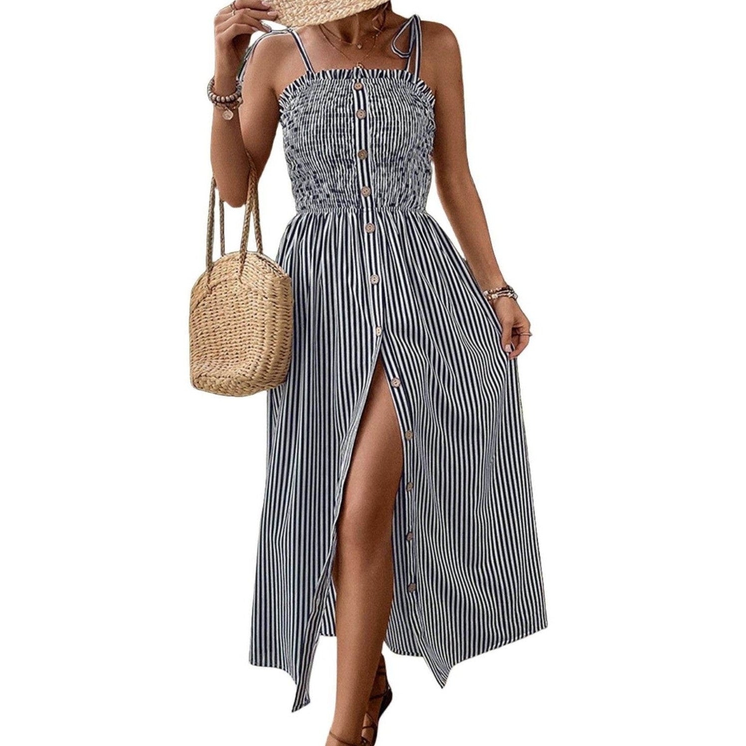 Tied Smocked Striped Sleeveless Midi Dress - VacationGrabs