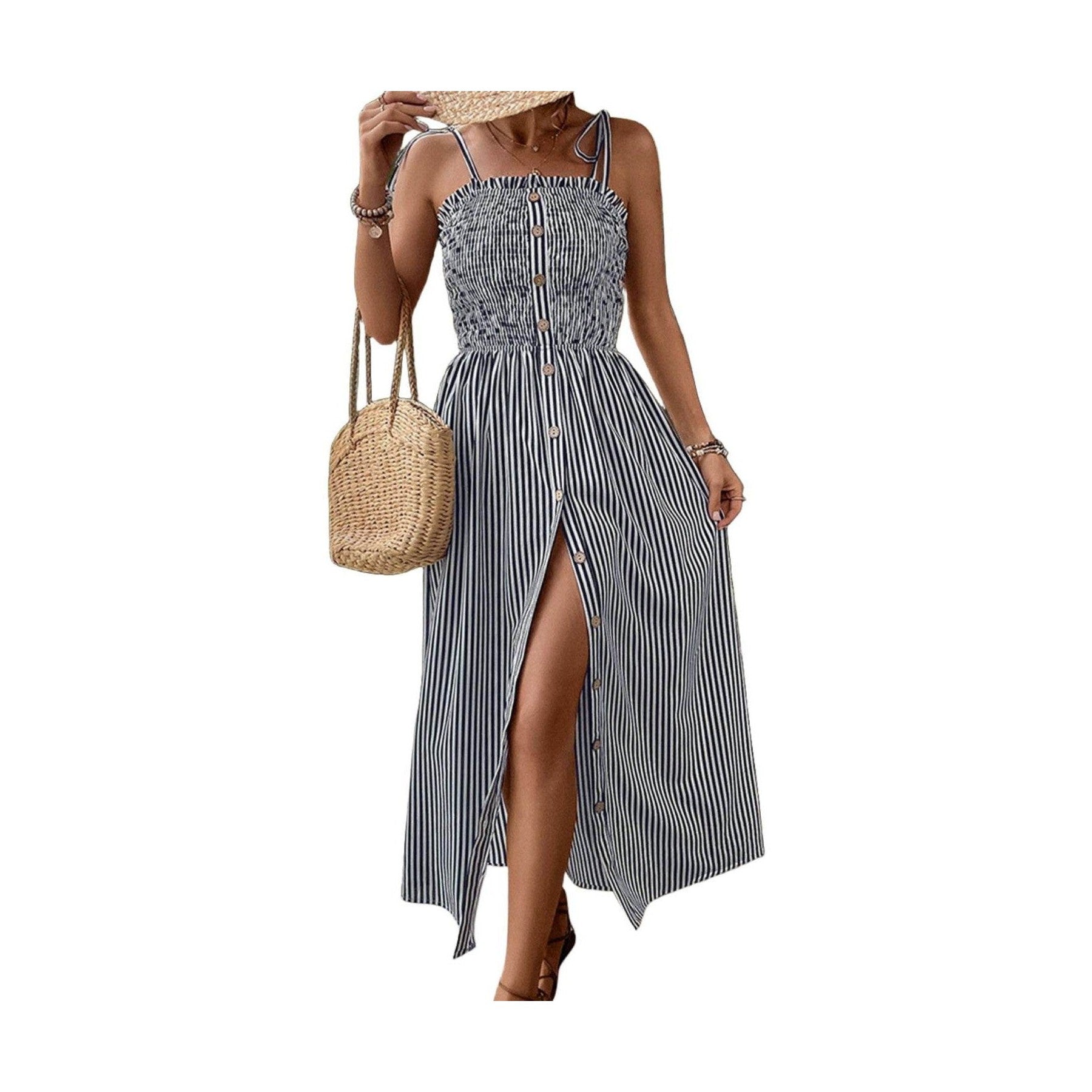 Tied Smocked Striped Sleeveless Midi Dress - VacationGrabs