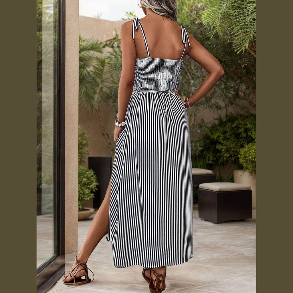 Tied Smocked Striped Sleeveless Midi Dress - VacationGrabs