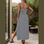 Tied Smocked Striped Sleeveless Midi Dress - VacationGrabs