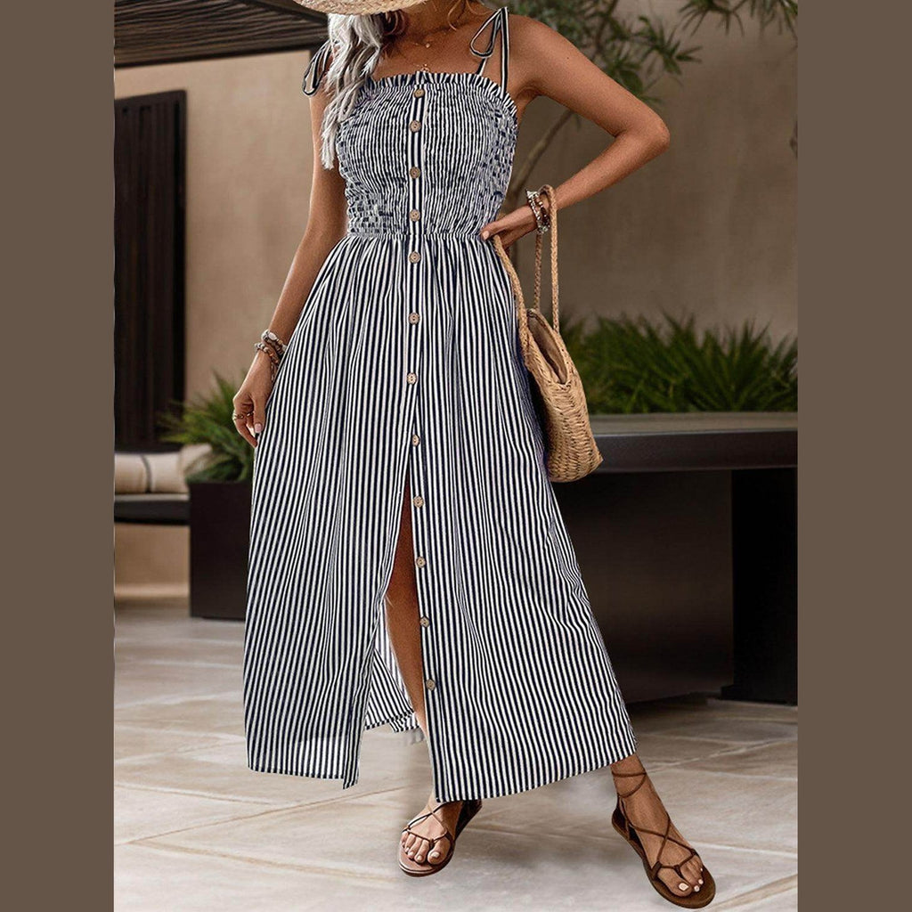 Tied Smocked Striped Sleeveless Midi Dress - VacationGrabs