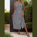 Tied Smocked Striped Sleeveless Midi Dress - VacationGrabs
