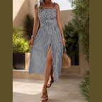 Tied Smocked Striped Sleeveless Midi Dress - VacationGrabs