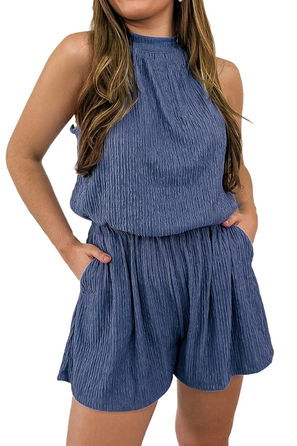Jumpsuits & Rompers Tied Textured Pocketed Sleeveless Romper
