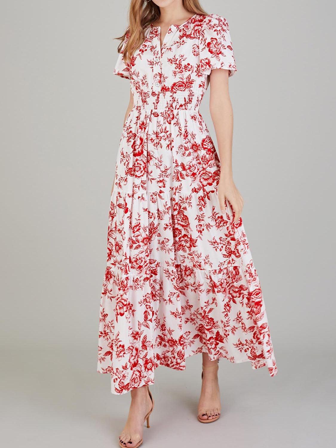 Women's Dresses Tiered Floral Notched Short Sleeve Dress