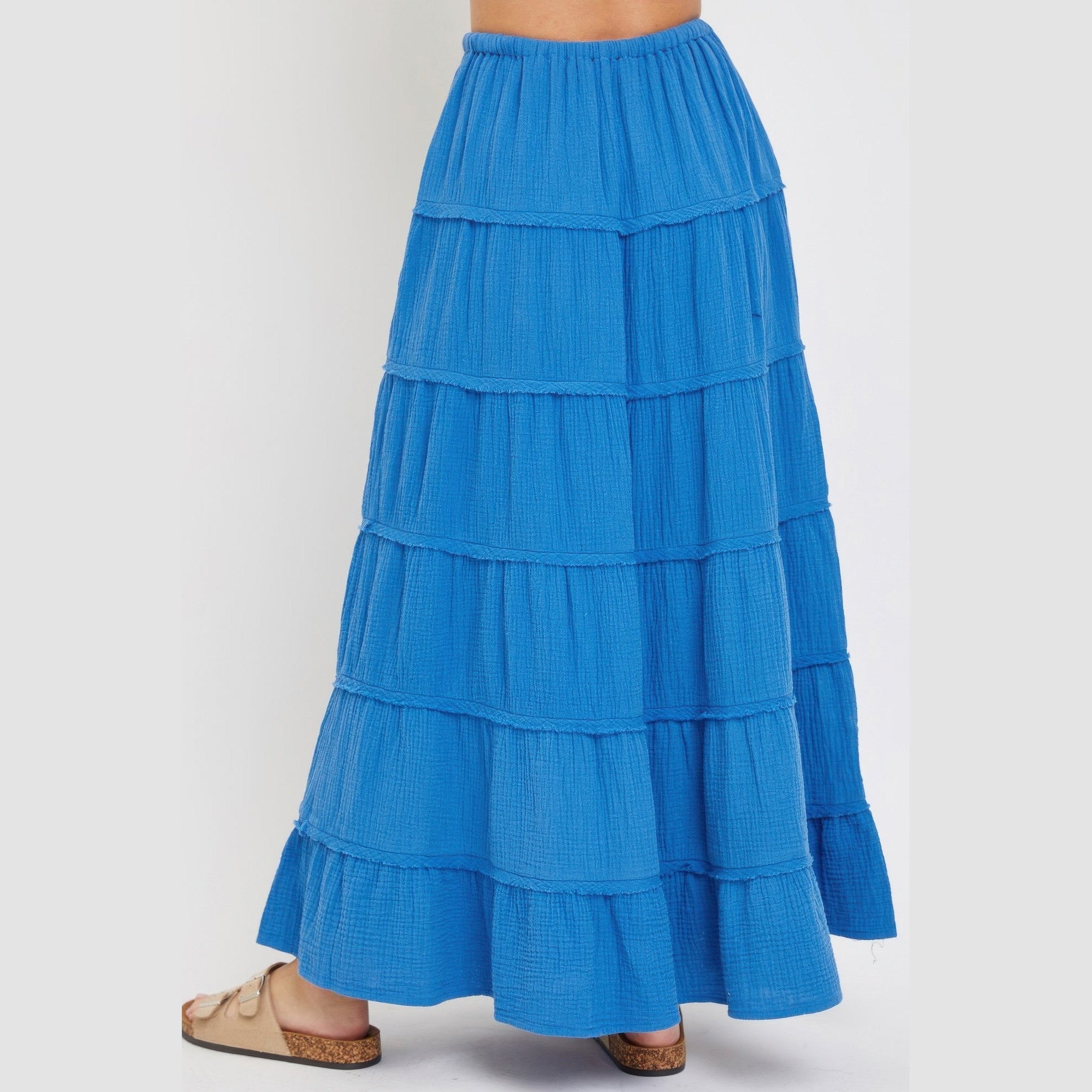 VacationGrabs blue tiered maxi skirt for women with elastic waistband and textured fabric