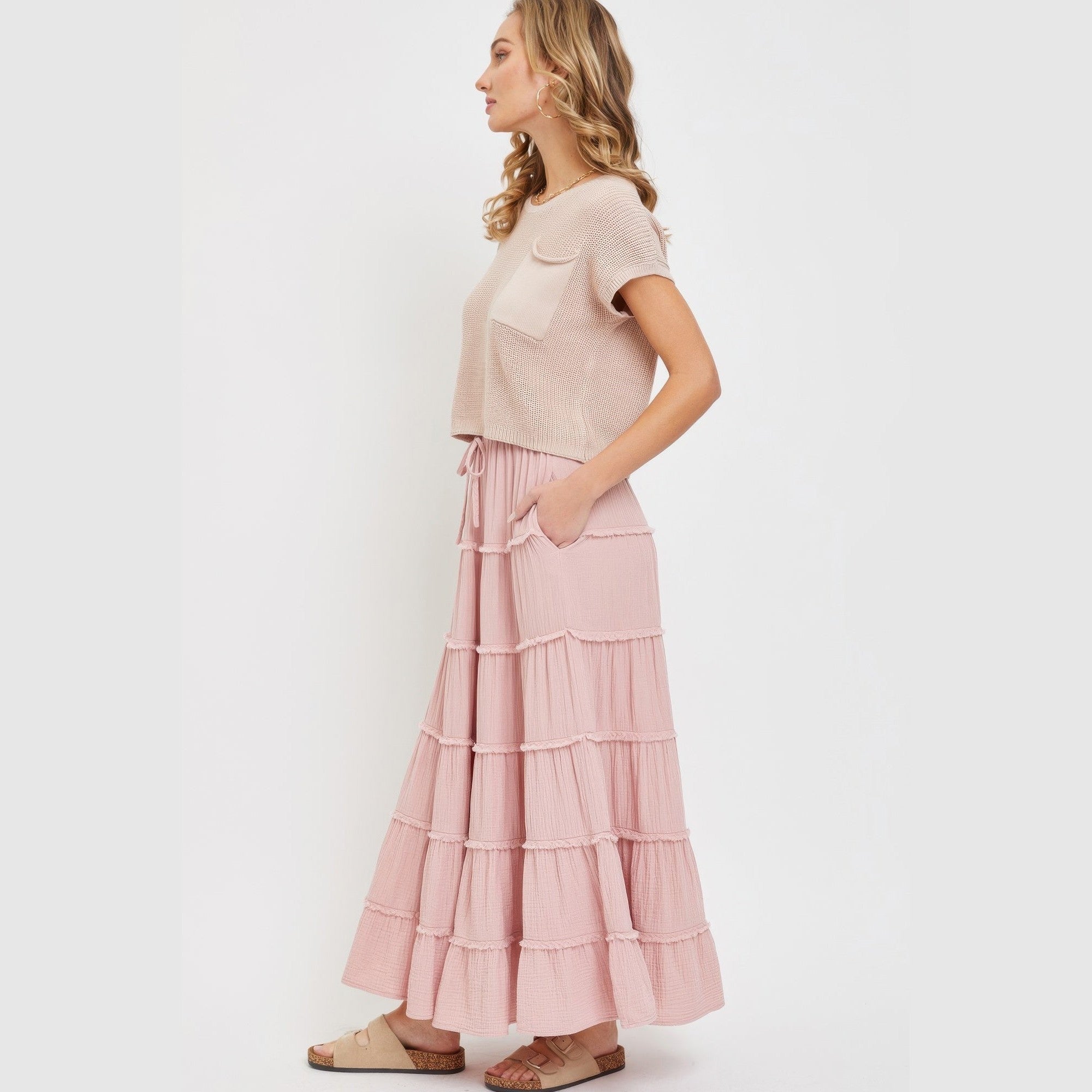 VacationGrabs tiered maxi skirt for women in soft pink with multiple gathered layers and side pockets