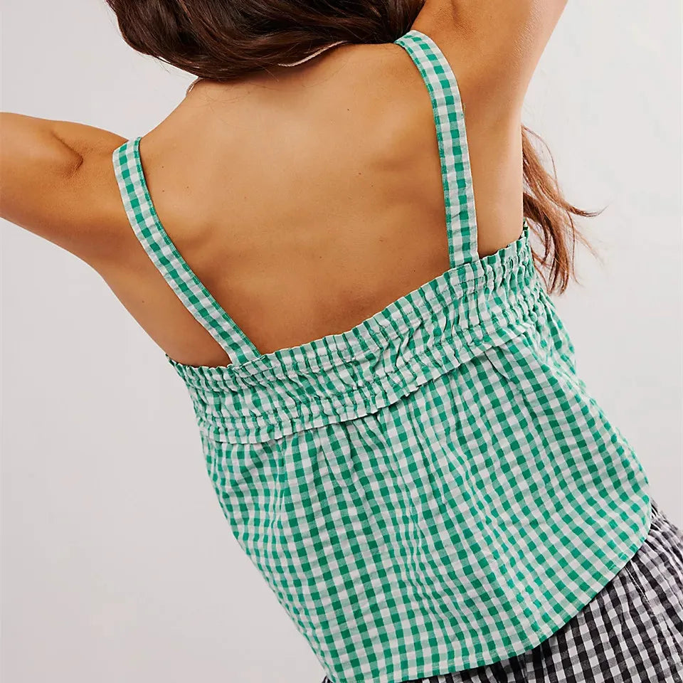 Green checked top cami for women's casual summer outfits
