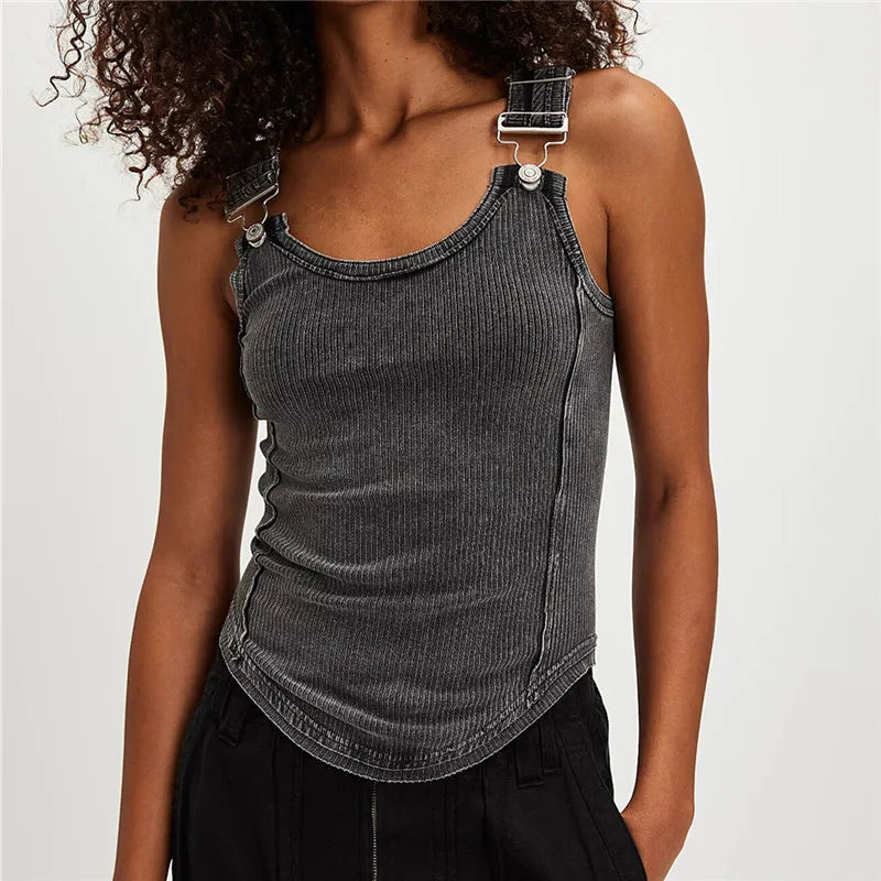Women's gray denim top cami with adjustable straps for casual wear