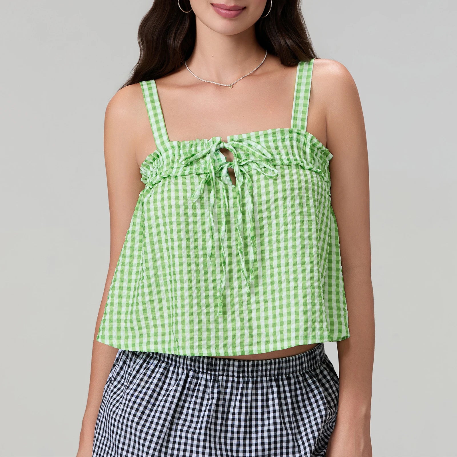 Women's green gingham top cami, perfect for casual summer outings