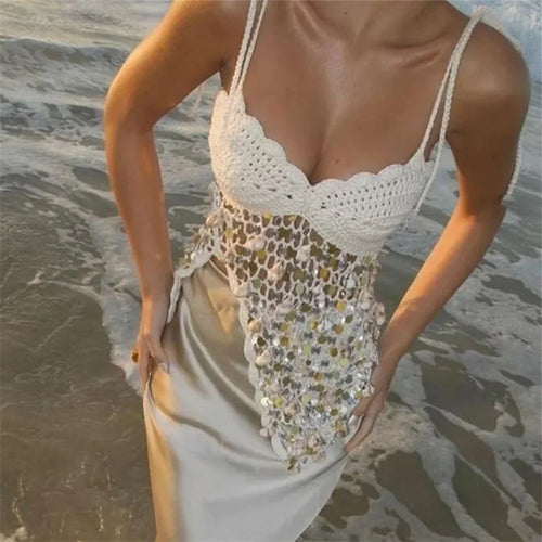 Women's cream top cami, crochet design for beach outings